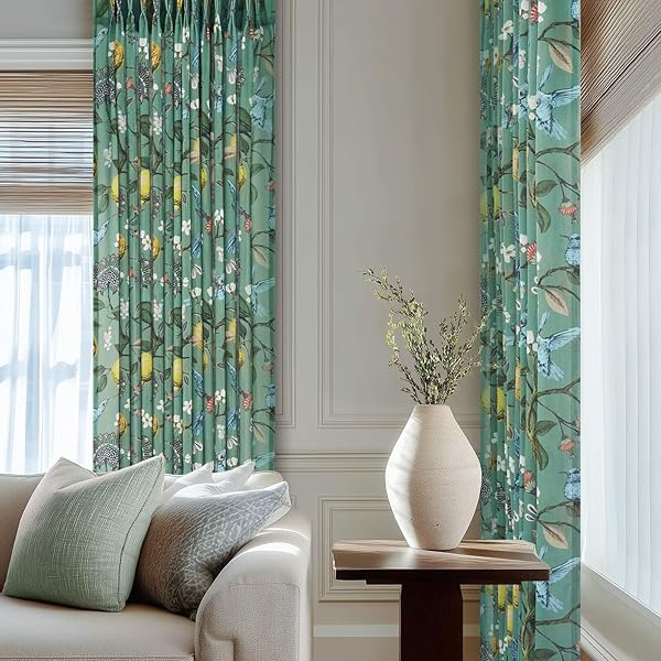 LINEN PINCH PLEATED FLORAL SHEER CURTAINS FOR BEDROOM VINTAGE FARMHOUSE LIGHT FILTERING PRIVACY SEMI SHEER CUTE LEMON HUMMINGBIRD CURTAIN FOR KIDS NURSERY LIVING ROOM 96 INCHES LONG 2 PANELS GREEN