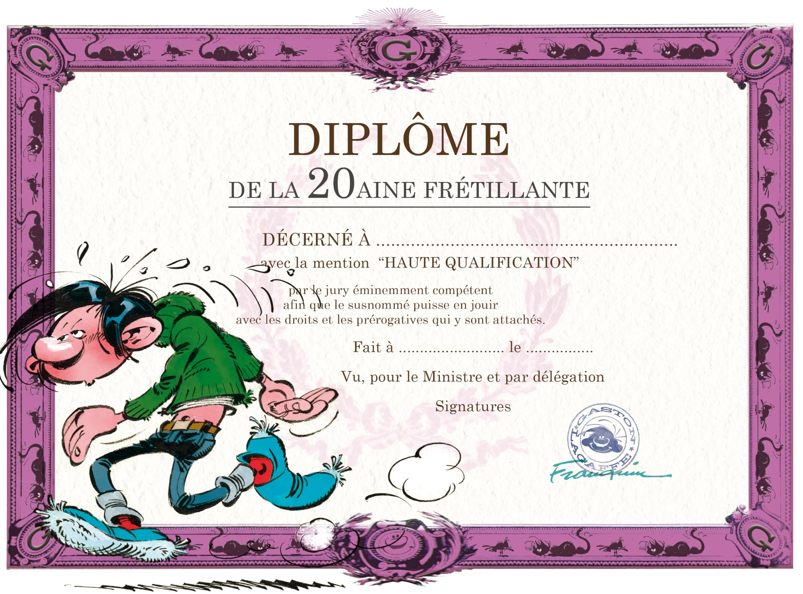 Gaston Lagaffe 20th Diploma Happy Birthday Card – Running Sport Running Jogging Shape Physical Activity Good Health