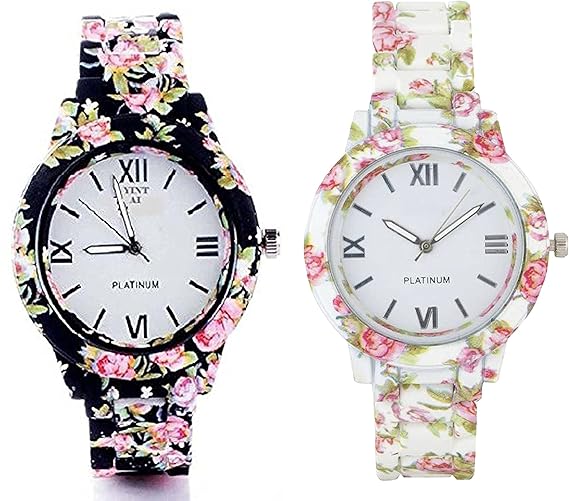 Pass Pass Beautifull Black & White Floral Analogue Watch for Women & Girls (Combo)
