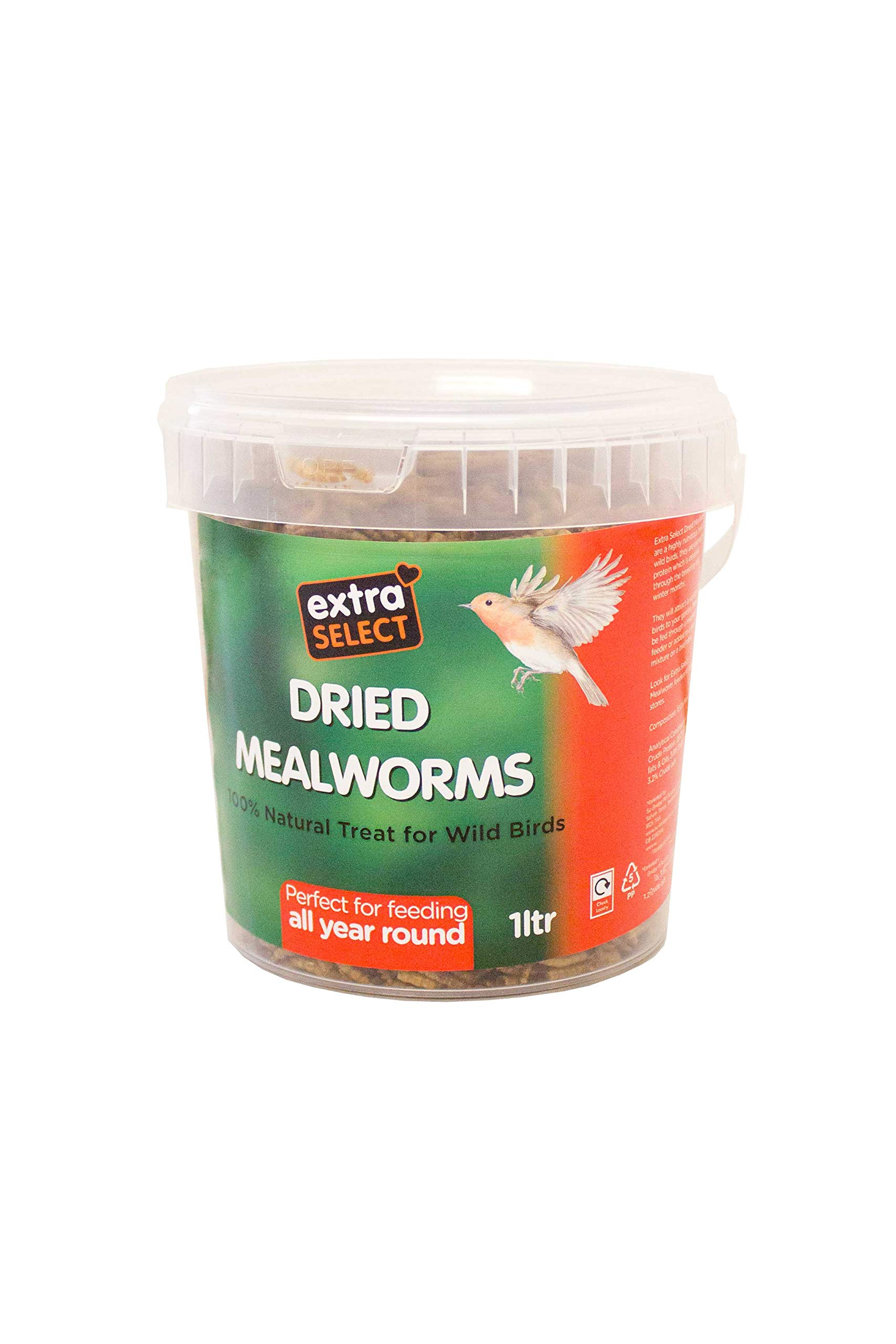 Extra Select Dried Mealworms for Wild Birds: Protein Rich Wild Bird Food for Robins and Wildlife - Meal Worms for Garden Birds - 1 Litre Tub