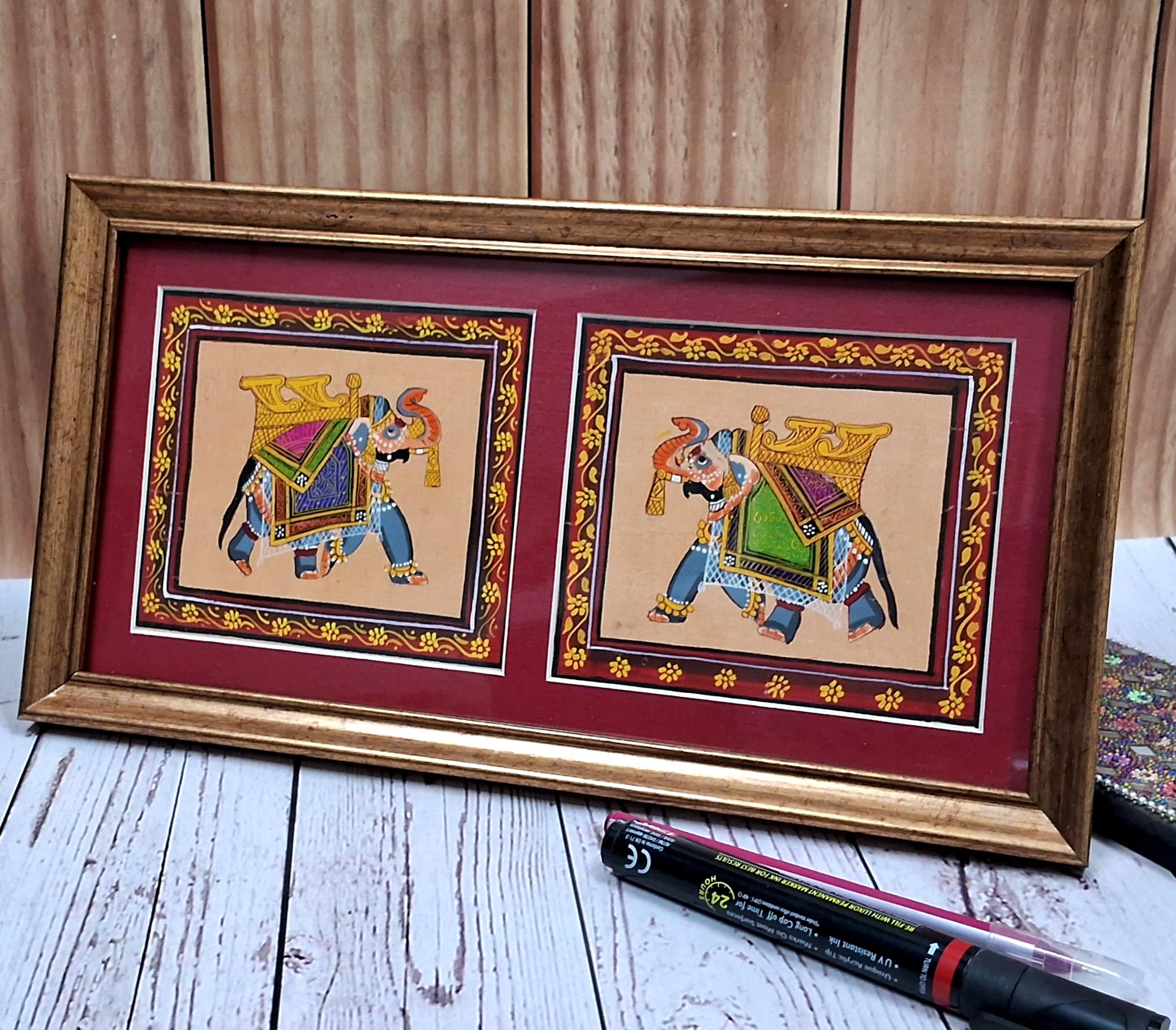 Purpledip Silk Cloth Painting Gorgeous Elephants (Set Of 2): Indian Rajasthani Intricate Artwork Framed For Table Top Or Wall Hanging; Collectible Miniature Art (12478)