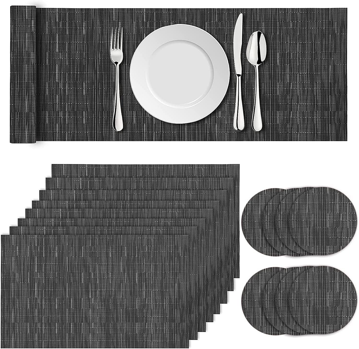 17Pcs Grey Placemats Table Mats Set, 8 Placemats, 8 Coasters,1 Long Table Mat Washable Heat Anti Slip Resistant Table Place Mats and Coaster Sets for Home,Restaurant,Outdoor Dining