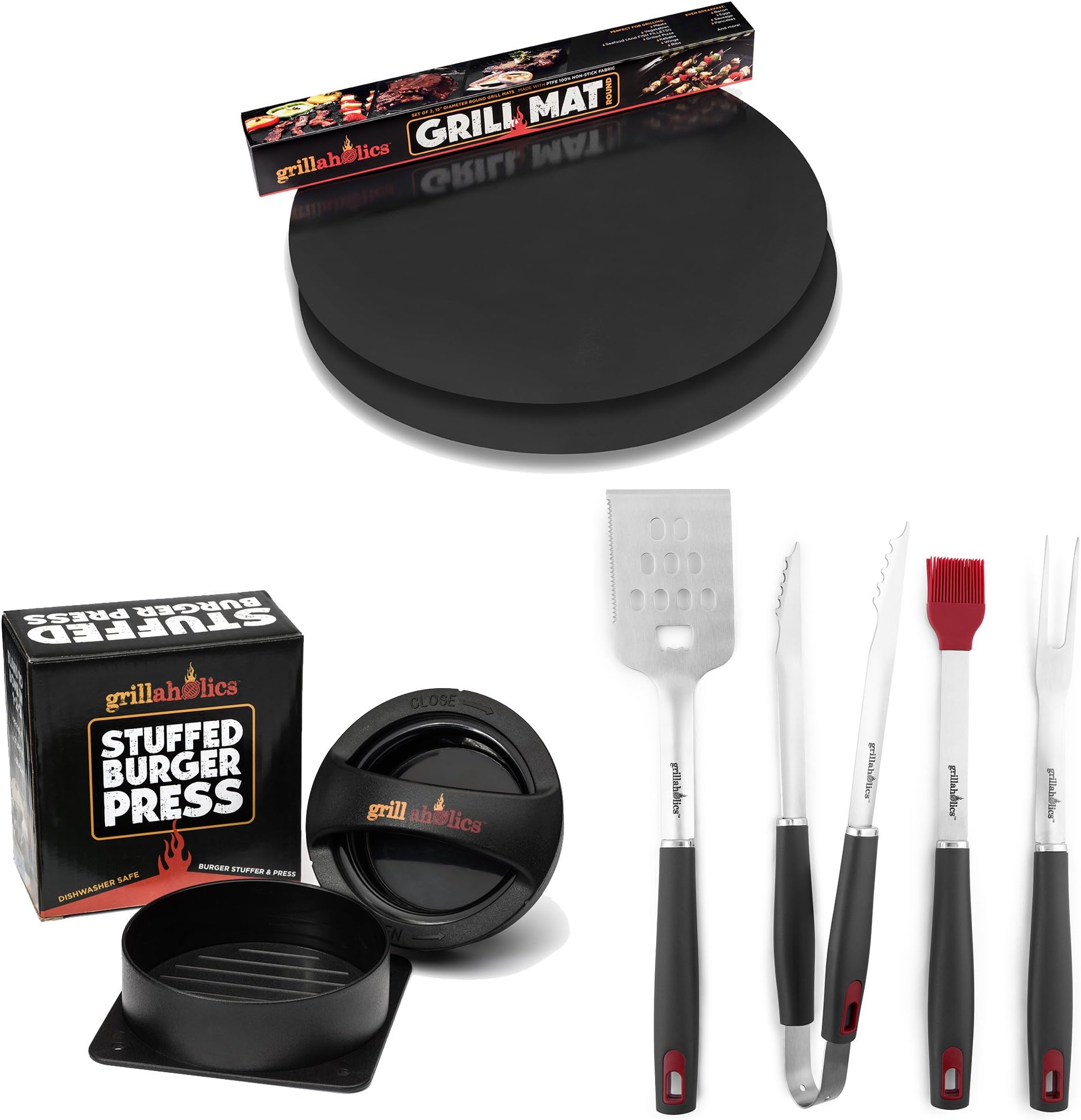 Grillaholics Tailgate Package - Includes Set of 2 Non Stick Round Grill Mats, 4-Piece Heavy Duty BBQ Tool Set, and Premium Stuffed Burger Press Bundle
