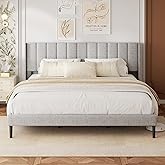 HAOARA King Size Velvet Bed Frame and Vertical Chanel Tufted Headboard, Upholstered Platform Bed wtih Wingback, No Box Spring Needed, Strong Wooden Slats, Light Grey
