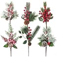 Grunyia Artificial Christmas Pine Picks With Red Berries - 6 Pack, 9.8 Inch For Wreaths & Decor