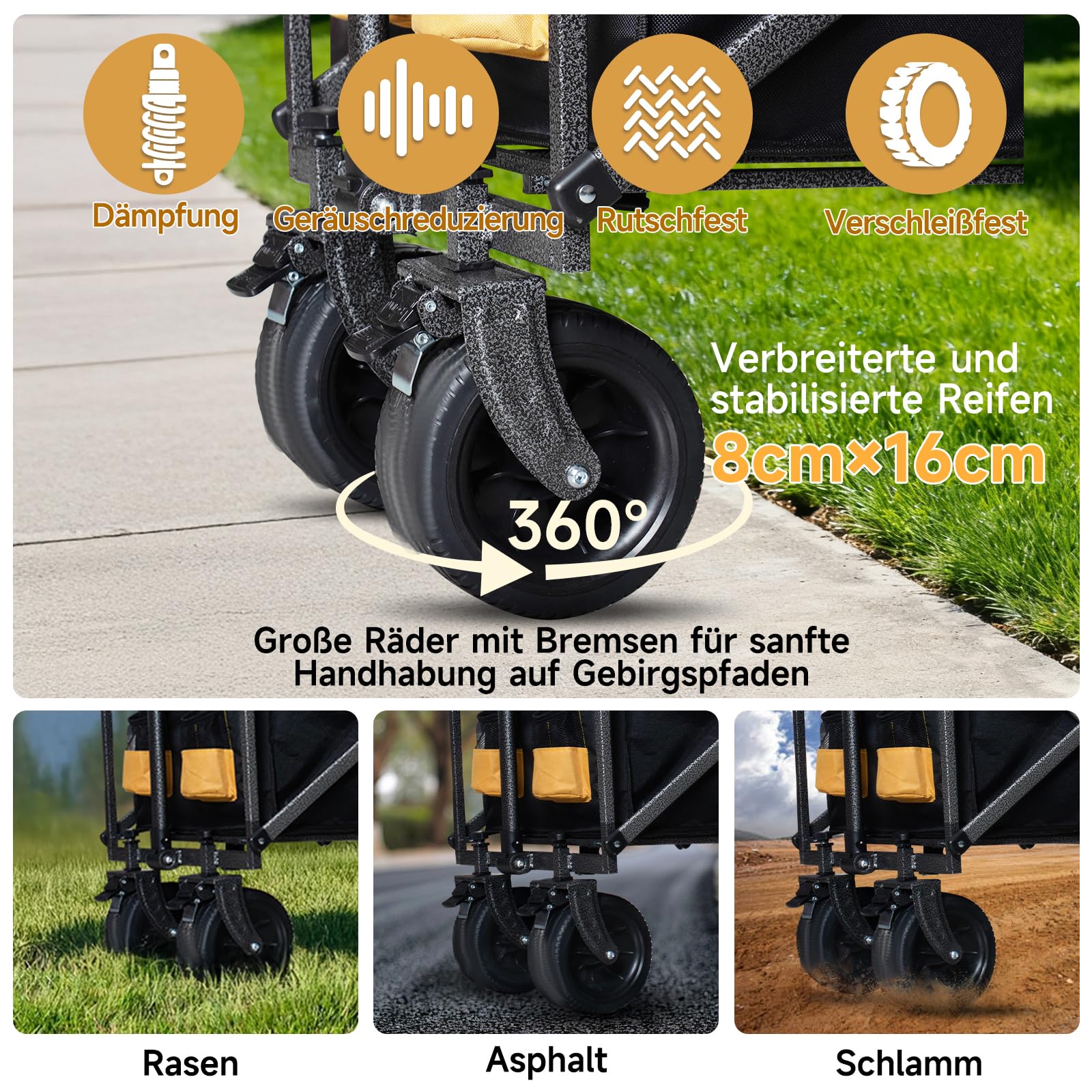 QEZER Bollerwagen faltbar,Tragfähigkeit 210 kg, Multifunktionaler Faltwagen mit geländegängigen Rädern, tragbar für Camping, Garten, Einkaufen und Strand 3