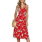 Angashion Women's Dresses-Summer Floral Bohemian Spaghetti Strap Button Down Swing Midi Dress