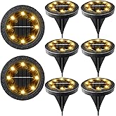 Solar Powered 8 Pack Outdoor LED Disk Lights - IP68 Waterproof, Non-Slip, Wear-Resistant Pathway Lights (Warm White)
