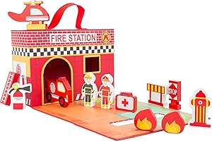 Small Foot Wooden Toys - Fire House Themed Playworld in Carrying Case, Multi