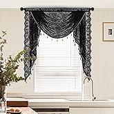 Huierxun Black Sheer Lace Waterfall Window Valance with Bead Tassels Floral Embroidered Valance Curtains Semi Sheer Rod Pocket Valance/Swags for Bedroom/Living Room/Kitchen/Basement(Black,39"x41")