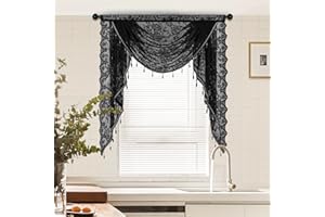Huierxun Black Sheer Lace Waterfall Window Valance with Bead Tassels Floral Embroidered Valance Curtains Semi Sheer Rod Pocket Valance/Swags for Bedroom/Living Room/Kitchen/Basement(Black,39"x41")