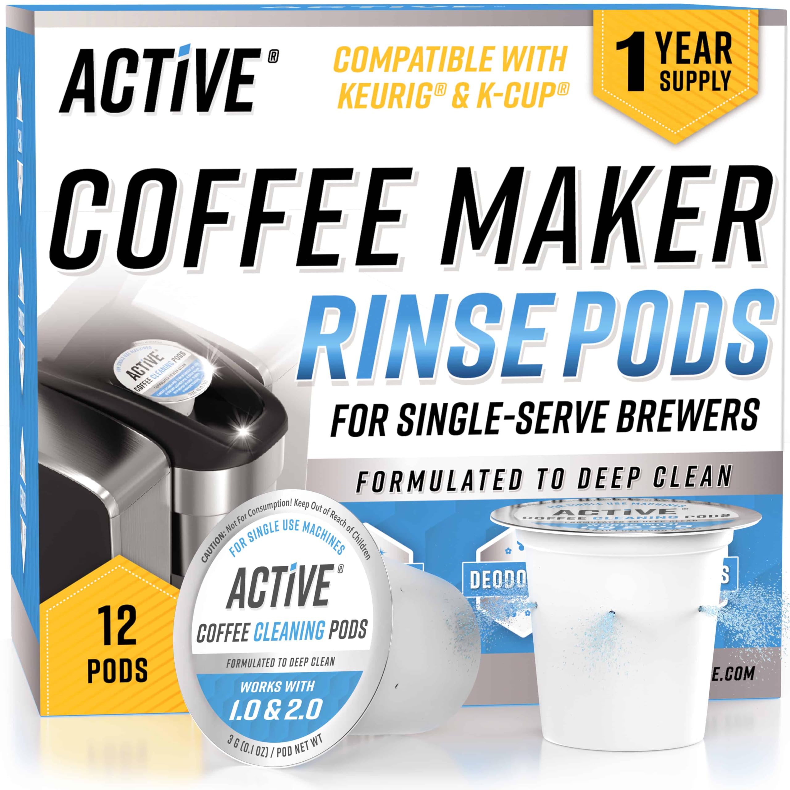 ACTIVE K-Cup Compatible Keurig Cleaning Pods - Quick-Rinse Cleaners for Single Serve Coffee Machine, 12 Month Coffee Maker Cleaner Kit, Brewer Clean Cups for Keurig 1.0, 2.0, Mini Machines - 12 Pack