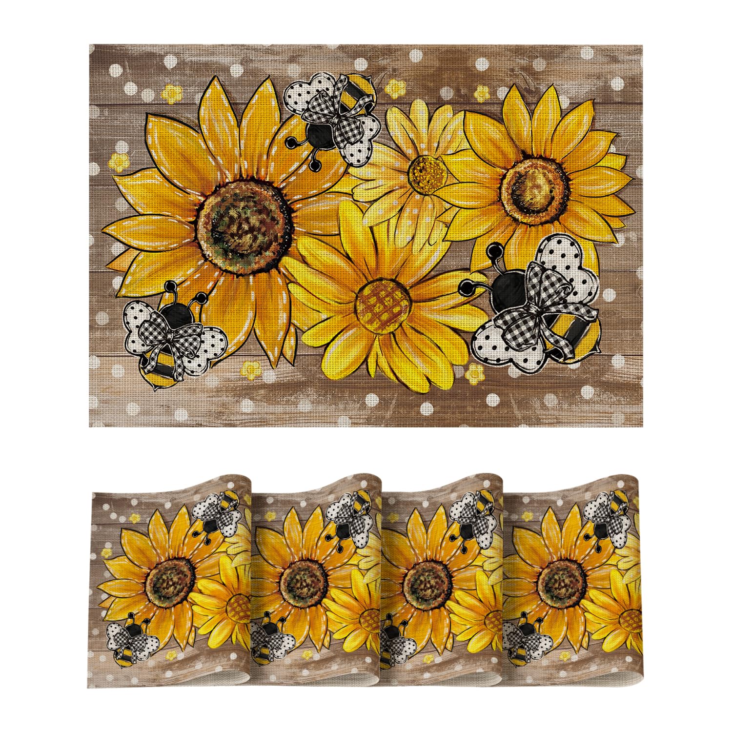 Artoid Mode Wood Sunflowers Bee Summer Vinyl Placemats Set of 4, 12x18 ...