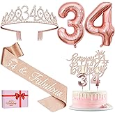 34th Birthday Decorations for Women, Including 34th Birthday Sash and Tiara, Cake Topper and Candles, Number Balloons, 34 Year Old Gifts for Women