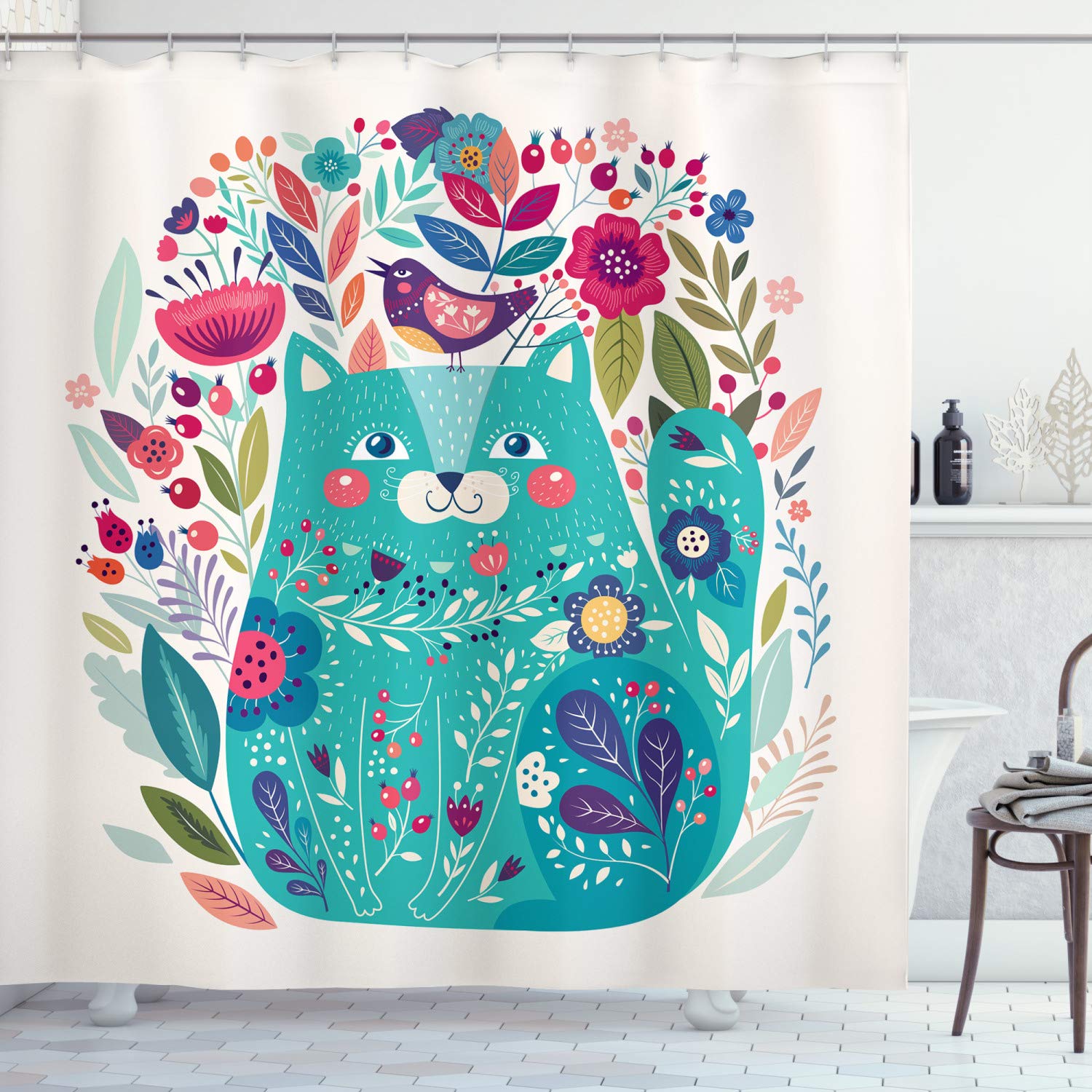 ABAKUHAUS Cat Shower Curtain, Kitty Surrounded by Birds Flowers Ladybugs Inspirational Folk Baby Theme, Cloth Fabric Bathroom Decor Set with Hooks, 175 x 200 cm, Seafoam Multicolor