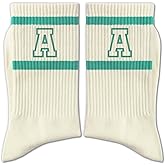 RZQIJ Forest Green and White Striped Crew Socks with the Letter， Classic Varsity Sports Style Monogram Socks
