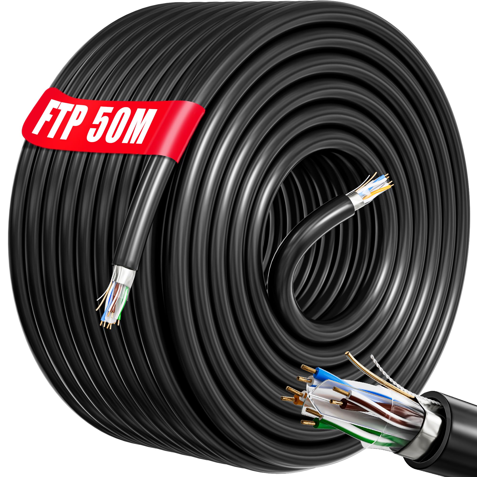 Soibke 50m Ethernet Network Bulk Cable | FTP 23AWG Shielded Gigabit Anti-jamming Internet Cable Outdoor Weatherproof | Cat 6, Copper Core, RJ45 | Colour White (50 Meters) — image 1