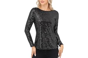 Anna-Kaci Women's Long Sleeve Sequin Crew Neck Top Sparkly Party Blouse with Lined Interior