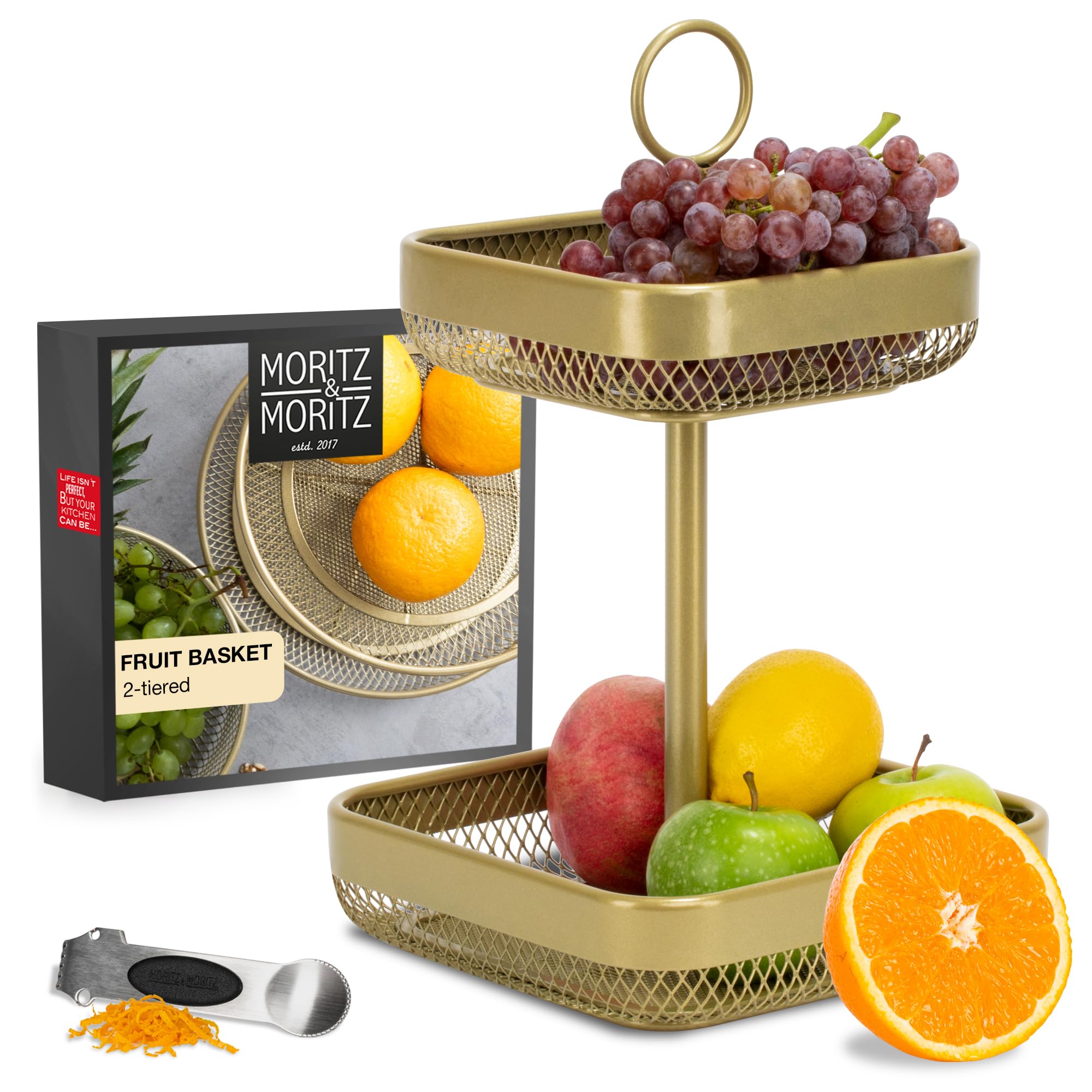 Moritz & Moritz Tiered Fruit Basket Gold Metal – 21 x 21 x 35,5cm – Modern Fruit Bowl Large – Fruit Basket Etagere in Gold for Keeping Fruit, Vegetables and Bread
