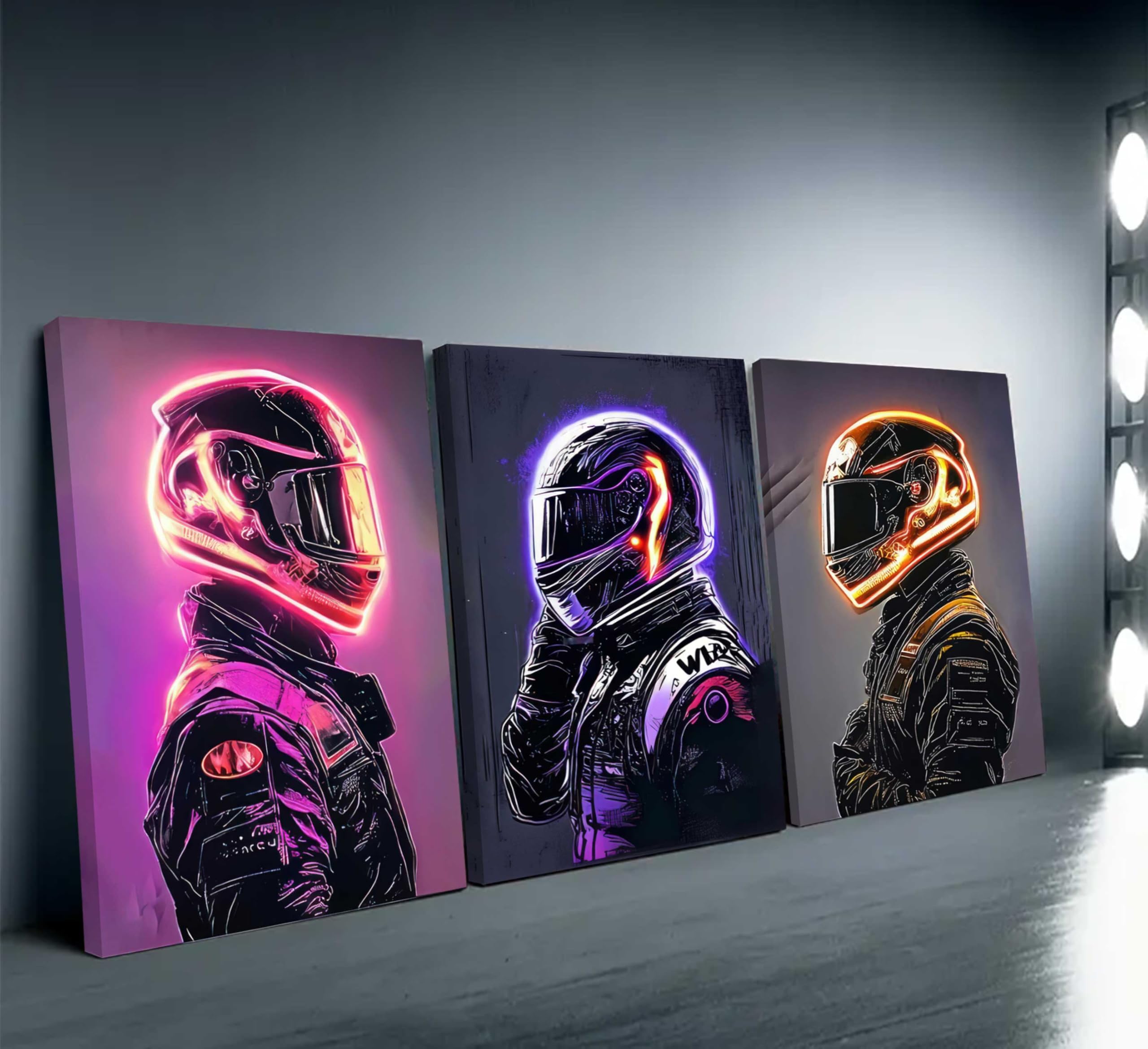Photo 1 of 3 Pcs Race Car Driver Wall Art Cool Racing Decor Canvas Prints Sports Painting Art Decor Neon Race Car Driver and Motorcycle Driver poster for Bedroom Living Room Game Room Home Decor Framed