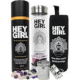 Crystal Water Bottle with Rose Quartz &amp; Amethyst Crystal - Reusable Glass Water Bottles | Tea Infuser Mug Tumbler with Strainer for Loose Leaf Tea - Herbal, Fruit, Gem Infused Water or Tea On The Go