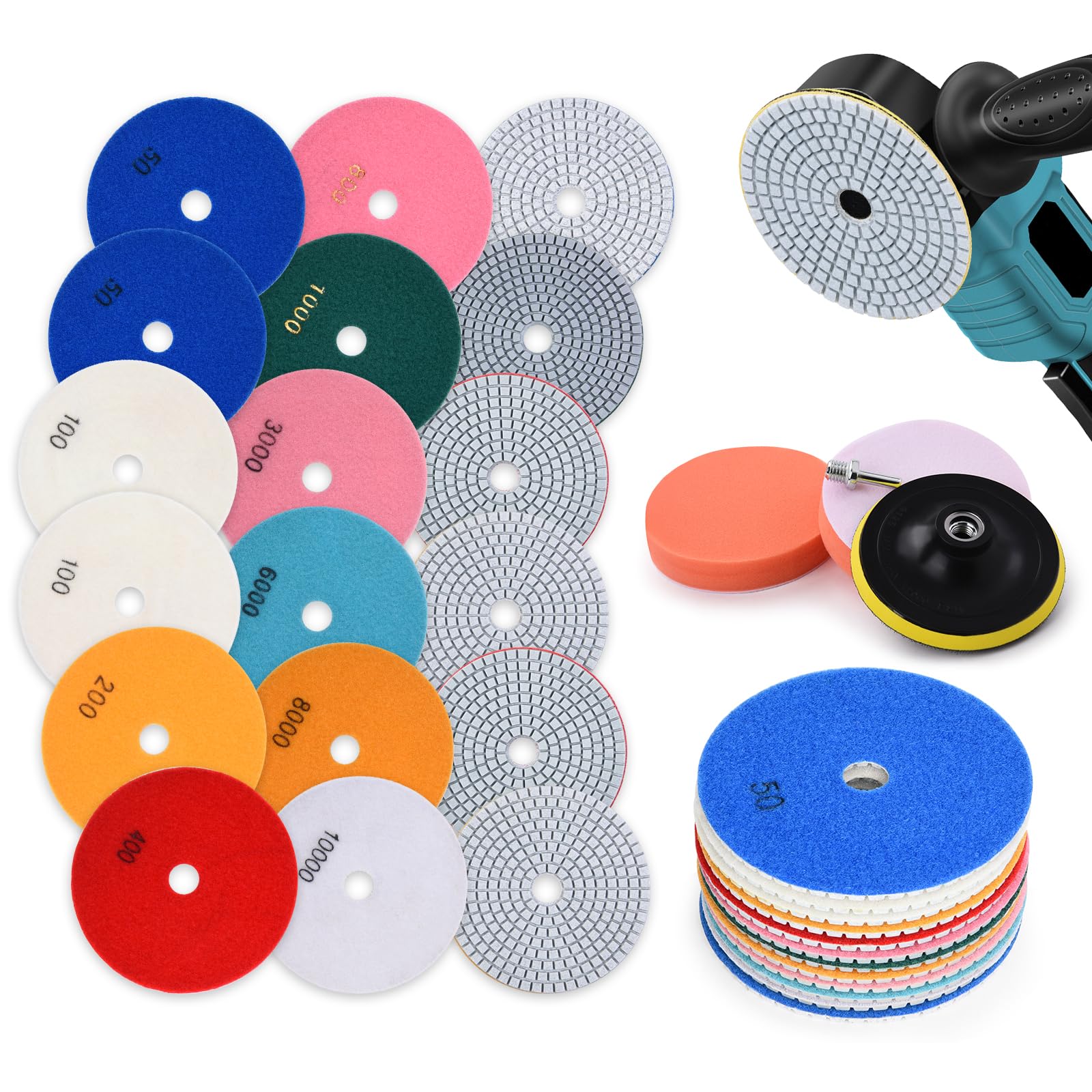 Photo 1 of 5 Inch Wet/Dry Diamond Polishing Pads Set with 5/8’’-11 Backer Pad, 16Pcs Concrete Polish Pads Kit for Drill, Grinder, Polisher, 50-10000 Grit Polishing Pad for Granite Marble Travertine Terrazzo