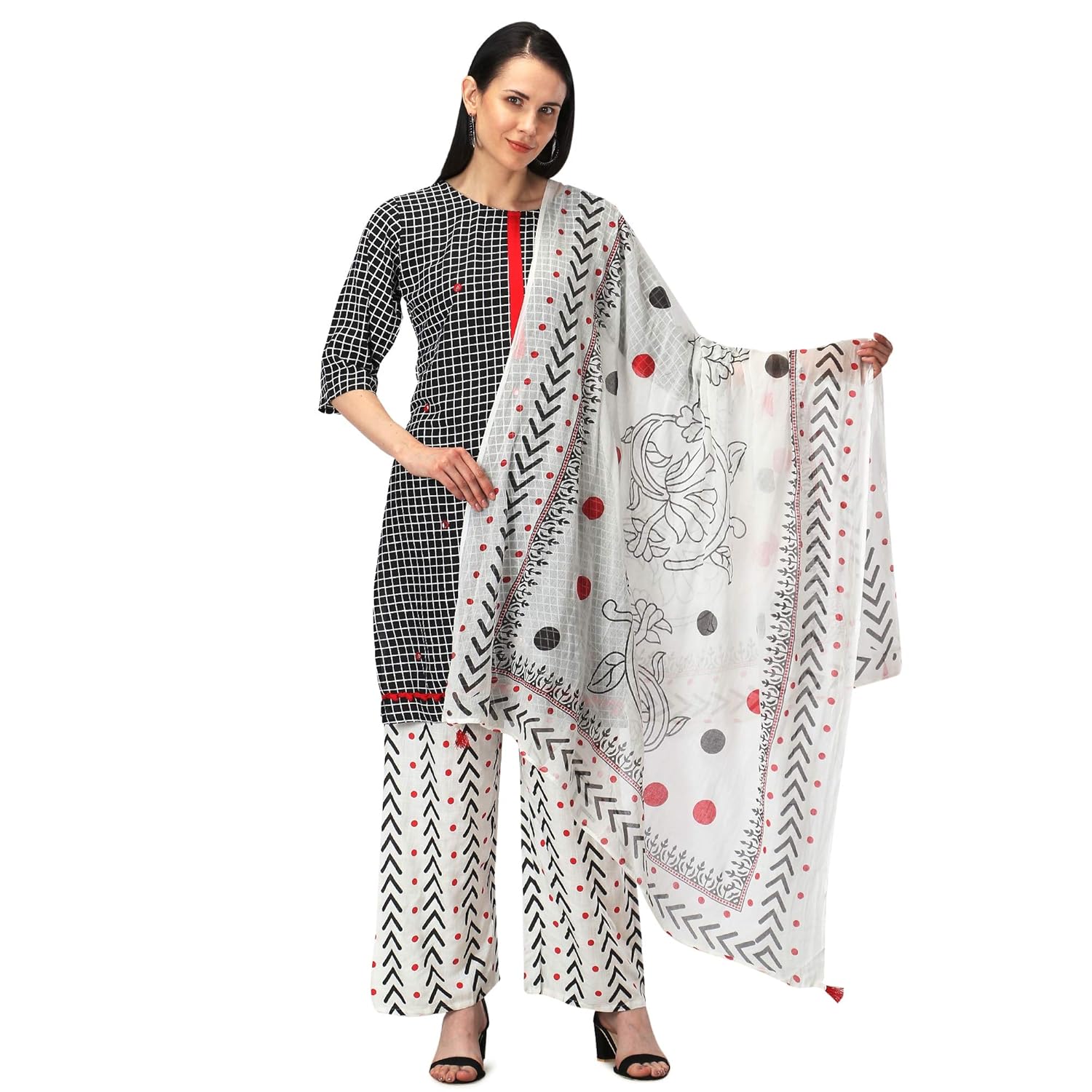 Buy Women Straight Cotton Kurti Plazo Set with Dupatta (Black_XxLarge