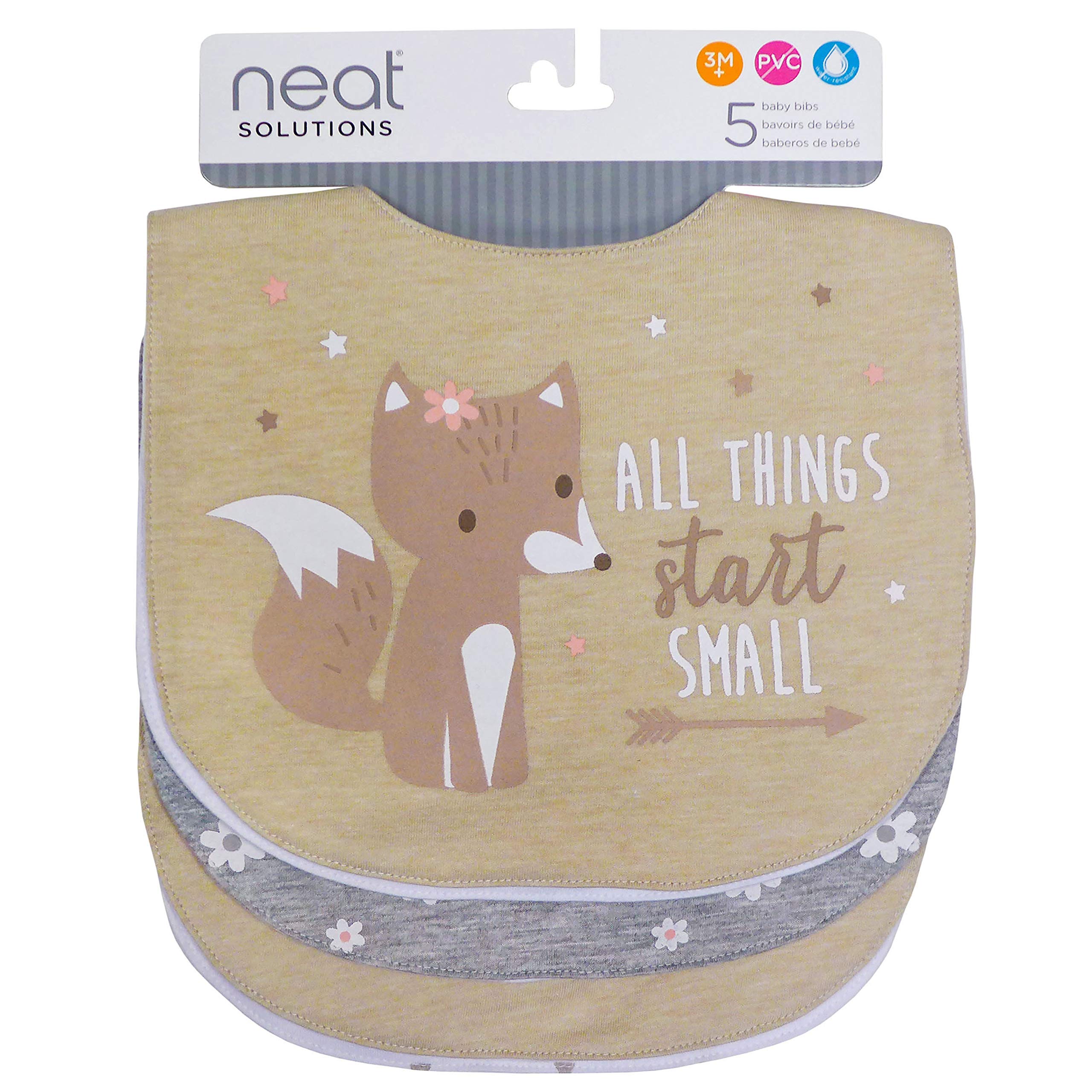 Neat Solutions 5 Pack Aspirational Bib Set with Mixed Fabrics & Water Resistant Inner Core - Girl, Grey Oatmeal While