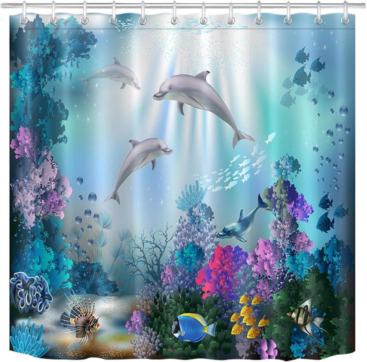 LB Dolphin Shower Curtain for Kids Bathroom Fish Coral Reef in Blue Ocean Shower Curtains with 12pcs Hooks,Waterproof Anti-mold Polyester Fabric,71x71 inches - Image 3