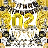SERTAS Happy New Year Party Decorations Supplies 2026- Hats, Banner, Glasses, Foil Balloon and Fringe Curtains, New Years Eve Black and Gold Party Decorations