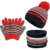 Kids Toddlers Winter Knit Warm Beanie Hat Scarf Gloves Set for Boys Girls Age 2-7, Pompom Cap Neck Warmer Gloves Fleece Lined