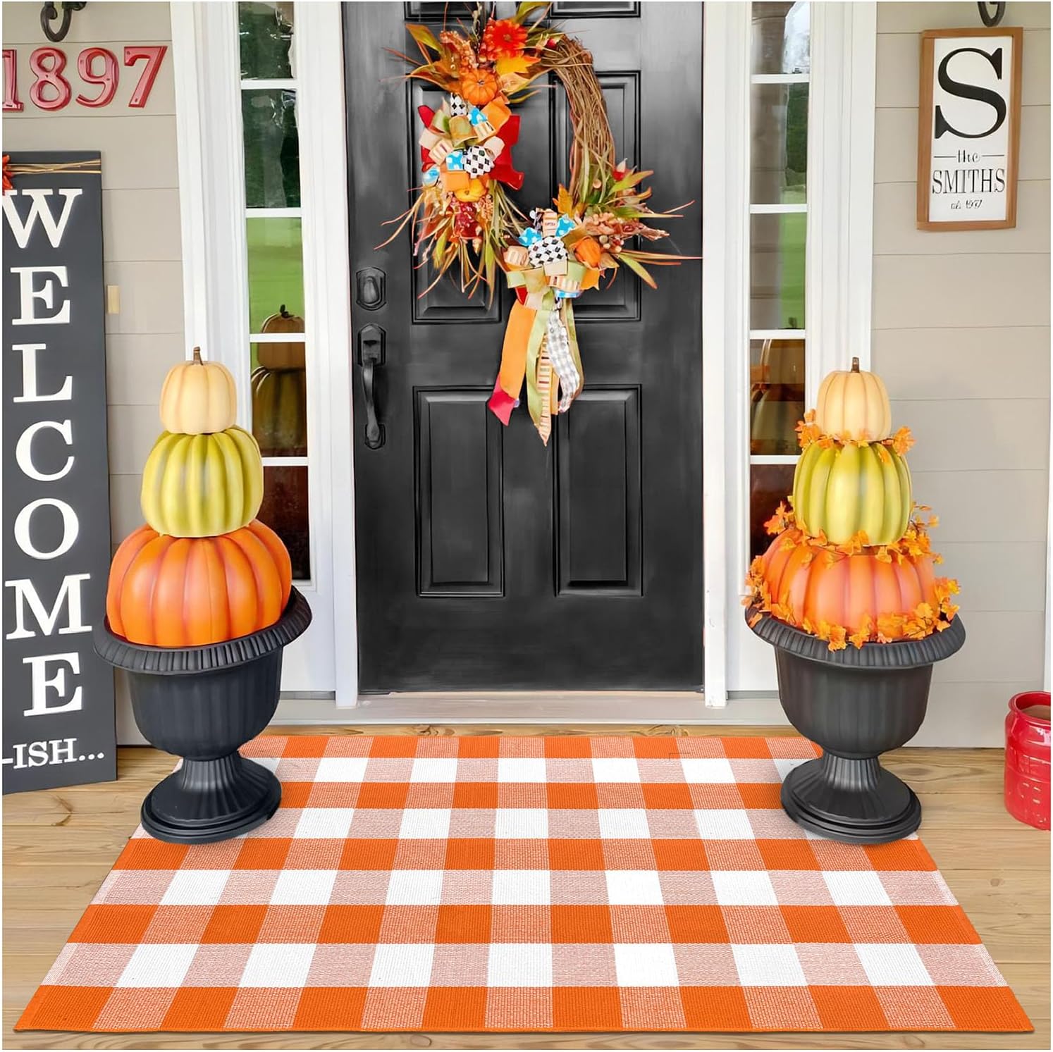 Rugs, Pads & Protectors - EARTHALL Buffalo Plaid Outdoor Rug Orange and White 3'x 5', Cotton Hand-Woven Checkered Fall Door Mat, Reversible Foldable Washable Outdoor Rug for Layered Door Mats Porch/Front Door (35.4''x59'')