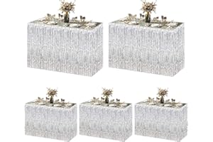 Ohiyoo 5 Pack Silver Foil Fringe Table Skirt 29x108 Inch Metallic Foil Fringe Table Skirts Tinsel Streamer Curtains Backdrop Parade Floats Birthday Halloween Christmas Party Decoration (Silver)