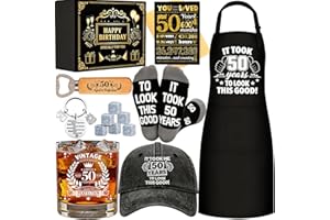 50th Birthday Gifts for Men Whiskey Glass Set, Cool Gifts for 50 Year Old Men with 11 Oz Whiskey Glass Apron Baseball Cap Soc