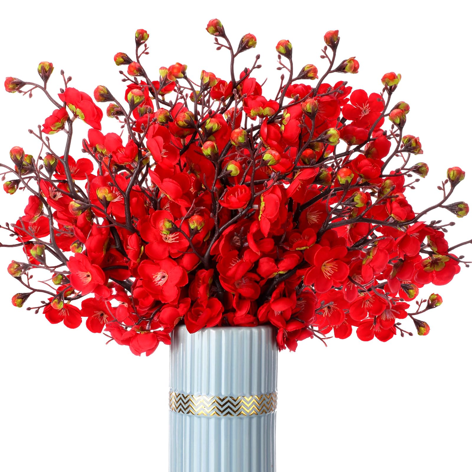 Photo 1 of Suncalla 18 Pcs Artificial Plum Blossom Faux Flowers Silk Simulation Bouquet Flower Chinese New Year Hibachi Party Decorations for Home Kitchen Hotel Office Wedding Party Garden New Year(Red)