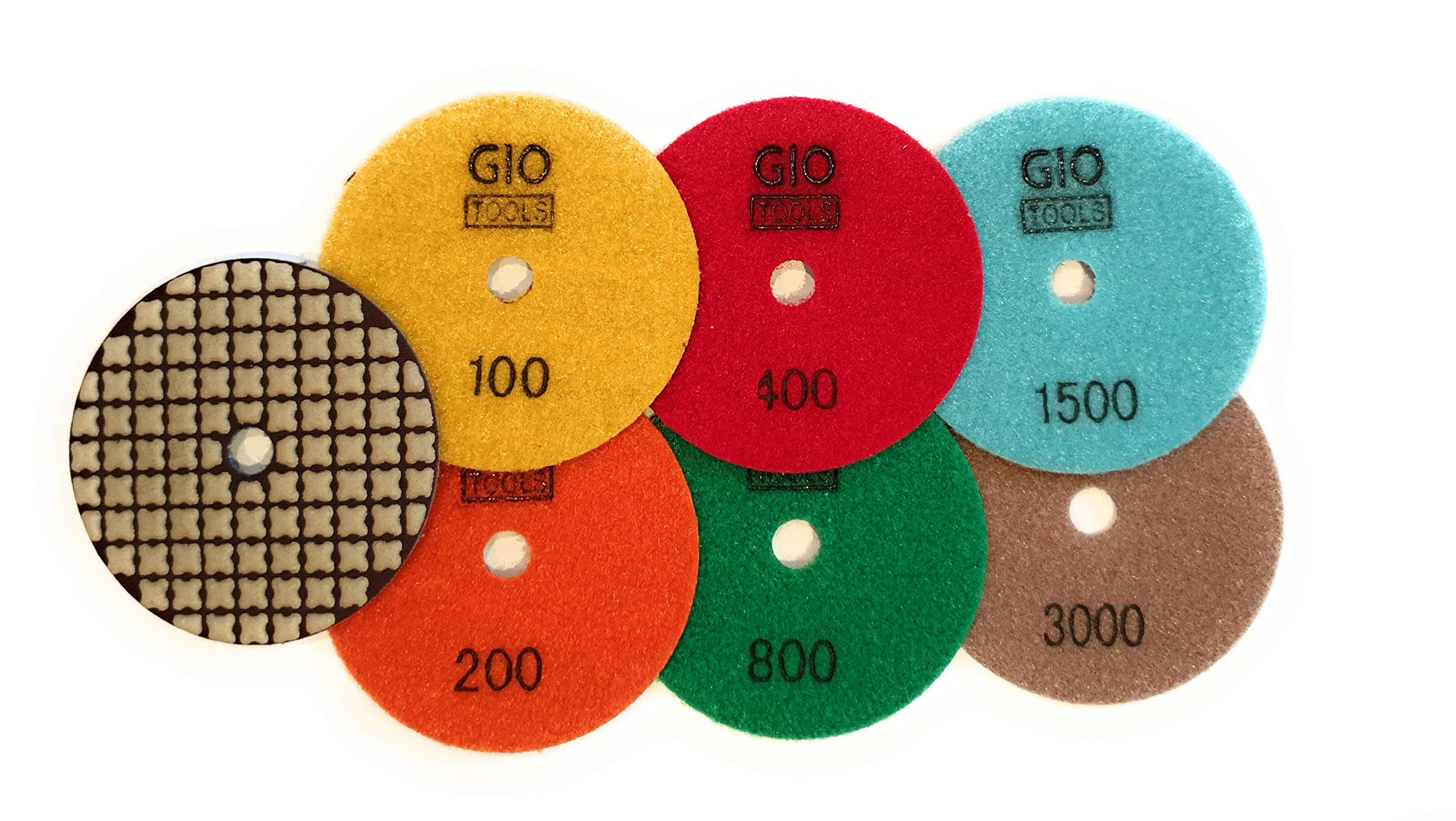 GioTools Full Set: Premium Diamond Dry Polishing Pads 7 Steps - 100mm/4inch" for Granite Marble 7 pcs Set
