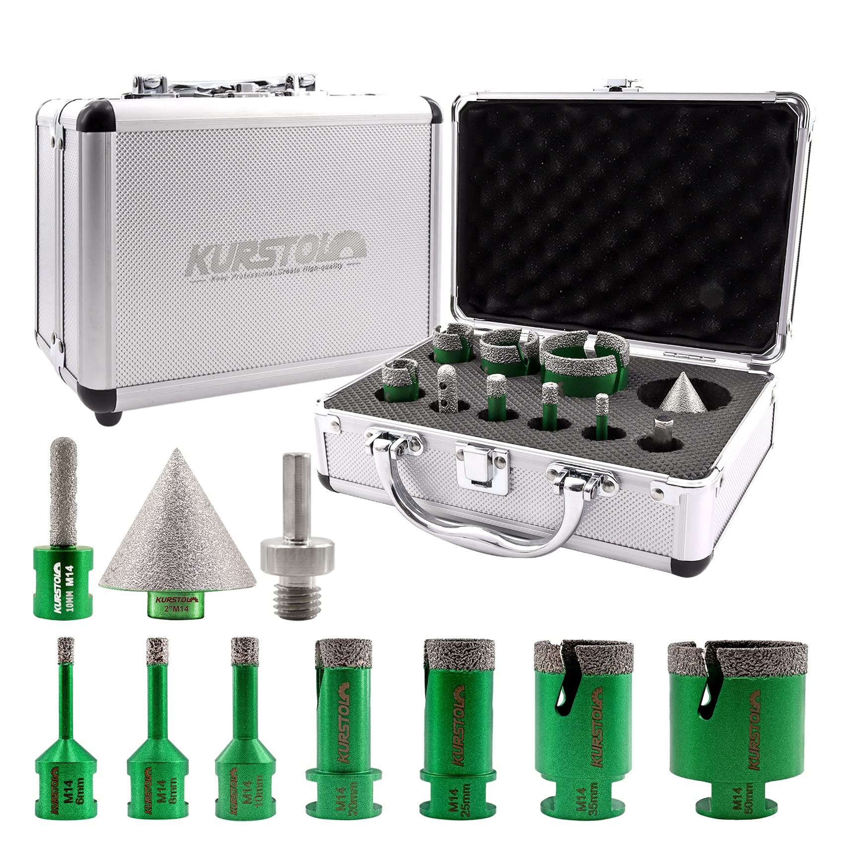 KURSTOL Diamond Core Drill Bits Kit - 7pcs 6/8/10/20/25/35/50MM+1pc 50MM Beveling Chamfer Bit+1pc 10MM Finger Milling Bit+HEX Adapter to M14 thread for Porcelain Ceramic Tile Granite Marble