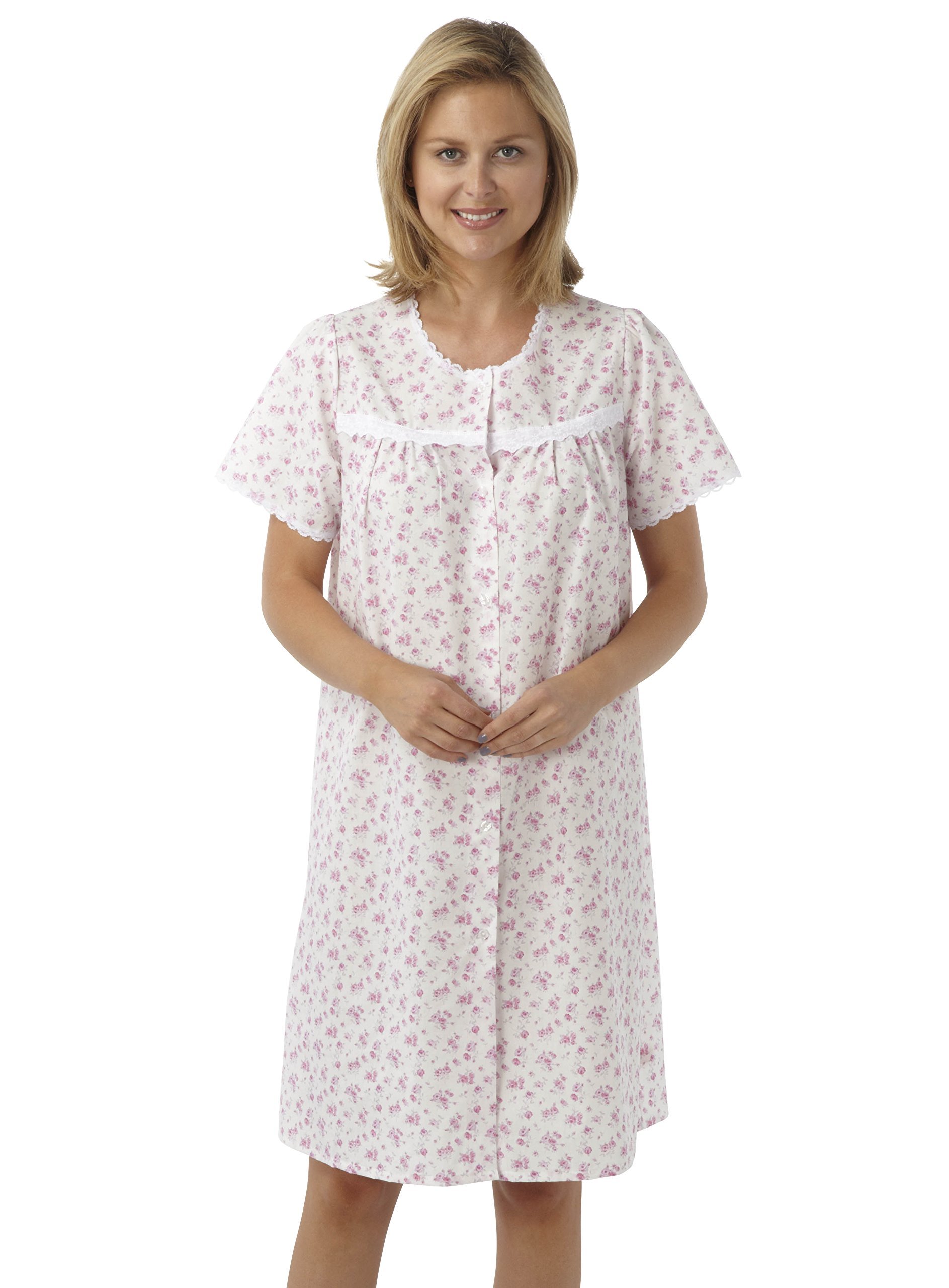 Ladies Short Sleeved Poly/Cotton Button Through Coat Nightdress. Blue Pink or Lilac Floral. Sizes 10-12 12-14 16-18 20-22 24-26 28-30 (24-26, PINK)