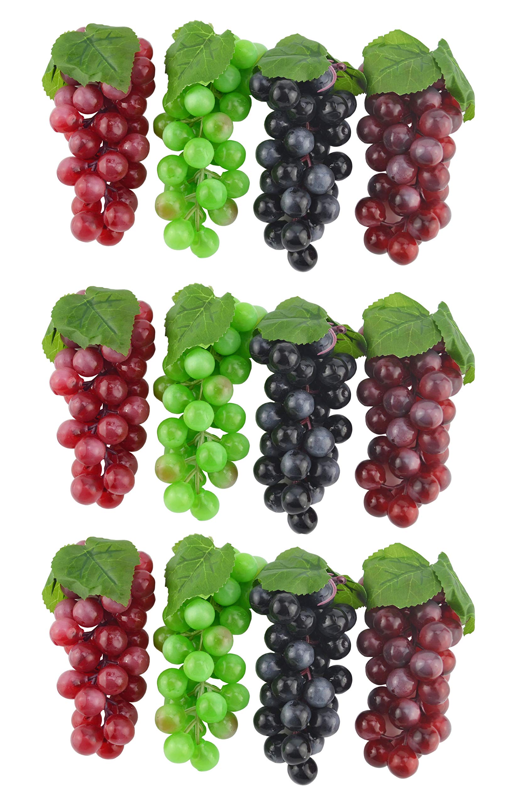 JEDFORE 6.3 Inches Artificial Grapes Cluster Rubber Frosted Grape Bundles Decorative Grapes Bunches for Vintage Wedding Favor Fruit Wine Decor Faux Fruit Props (Black, Red, Green, Purple - 12 Pack)