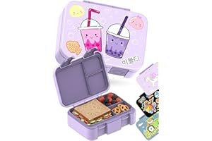 BEARFOOT Kids Lunch Box with Compartments – Compact & Lightweight | Leak-Proof, BPA-Free, Dishwasher & Microwave Safe | Hand-Drawn Design for Preschool, School, Travel (BubbleTea Purple, 2.75 Cups)