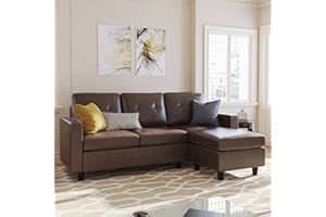 HONBAY Faux Leather Sectional Sofa, Convertible Sectional Couch L Shaped Couch Sofa for Small Space, Brown
