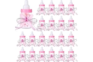PINKXHY 80 Pcs 3.5 Inch Baby Mini Milk Bottle Baby Shower Favor with Small Plastic Bear Candy Bottle with Ribbon for Boy Girl Newborn Baptism Party Decor (Pink)