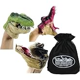 Schylling Dinosaur (T-Rex) Stretchy Hand Puppets Green, Brown &amp; Red Complete Gift Set Bundle with Exclusive Matty's Toy Stop Storage Bag - 3 Pack