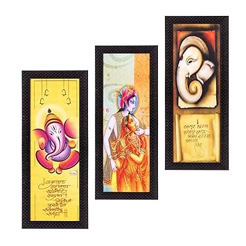 eCraftIndia Set of 3 Radha Krishna, Ganesha, Buddha Satin Matt Texture UV Art Painting