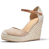 FISACE Womens Summer Espadrille Heel Platform Wedge Sandals Ankle Buckle Strap Closed Toe Shoes