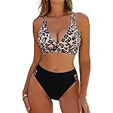 Blooming Jelly Womens High Waisted Bikini Sets Color Block Two Piece Swimsuit V Neck Crisscross Back Bathing Suit