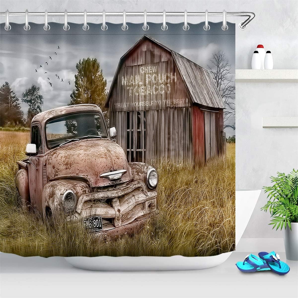 ECOTOB Farmhouse Vintage Old Truck Shower Curtain for Bathroom, Rustic ...