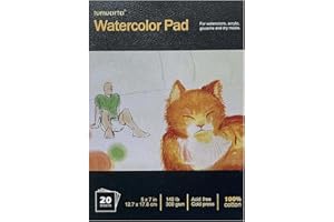 tumuarta Watercolor Paper Pad 100% Cotton, 5X7”, 140 LB, 300 GSM, 20 Sheets, Natural White, Acid Free, Cold Press, Watercolor Mixed Media Sketch Books for Watercolors, Acrylic and More.
