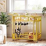 IRONCK Bar Cart Gold, Home Bar Serving Cart with Led Bulb and Wine Rack Glass Holders, 2 Toughened Glass Shelves, for Kitchen