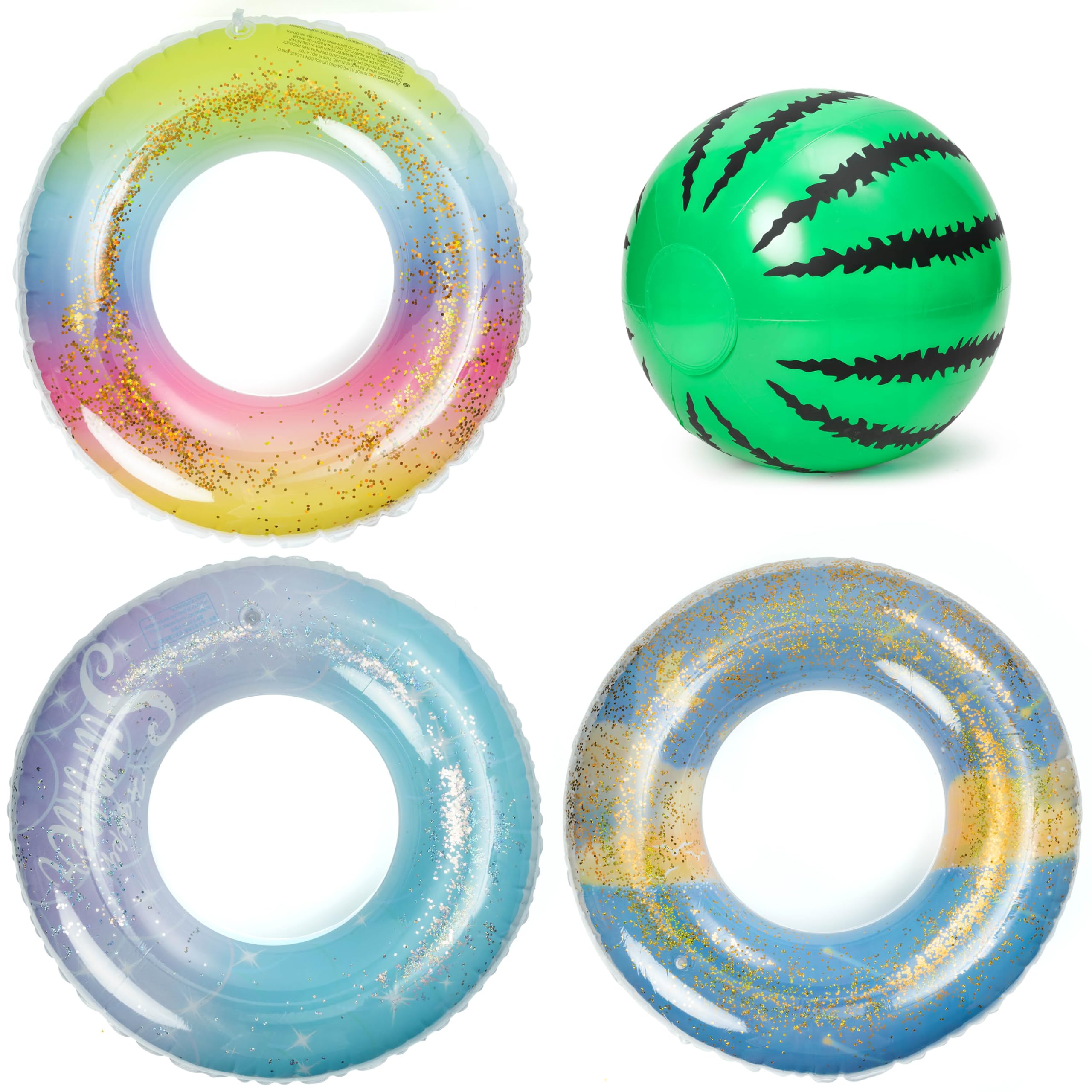 YINGENIVA Inflatable Swimming Ring Set 4Pcs - 3 Sequin Sequins Glitter Pool Floats with Watermelon Beach Ball, Durable PVC Summer Swim Rings for Kids, Outdoor Water Toys for Pool Beach Parties — image 1